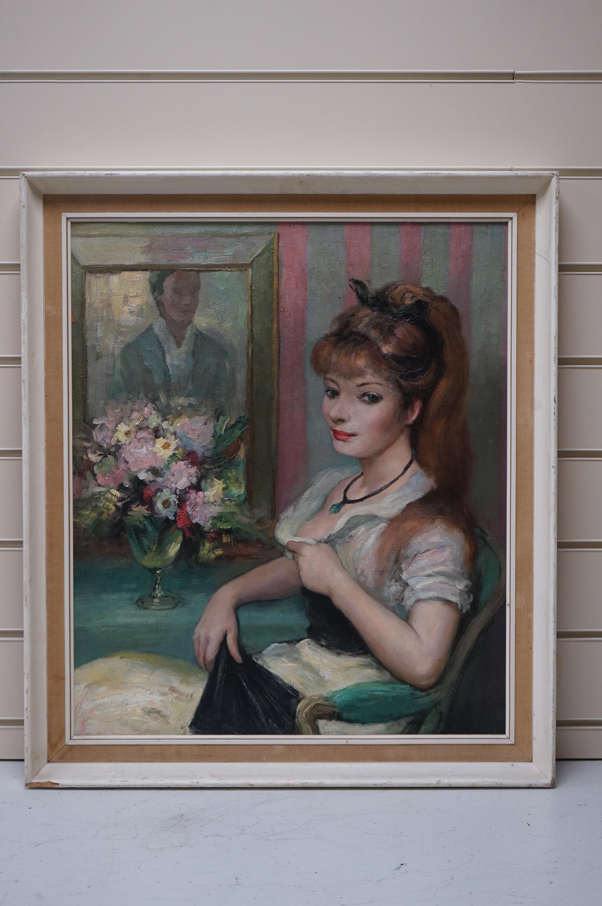 A decorative oil on board, Study of a woman seated before flowers, 54 x 46cm. Condition - good